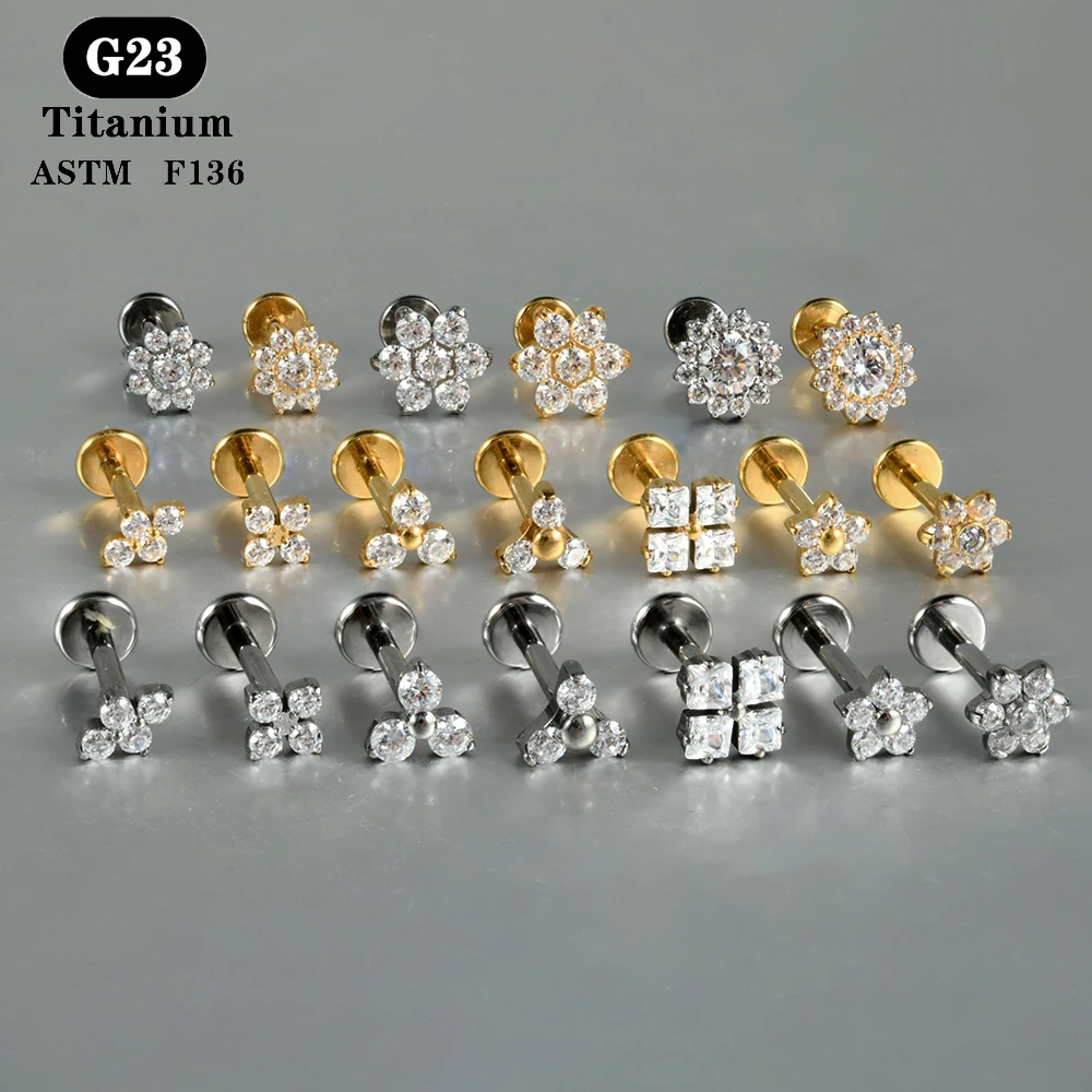 1PC ASTM F136 Titanium Zircon Flat Back Earring Flower Ear Studs Lobe Helix Tragus Cartilage Piercing Jewelry 16G