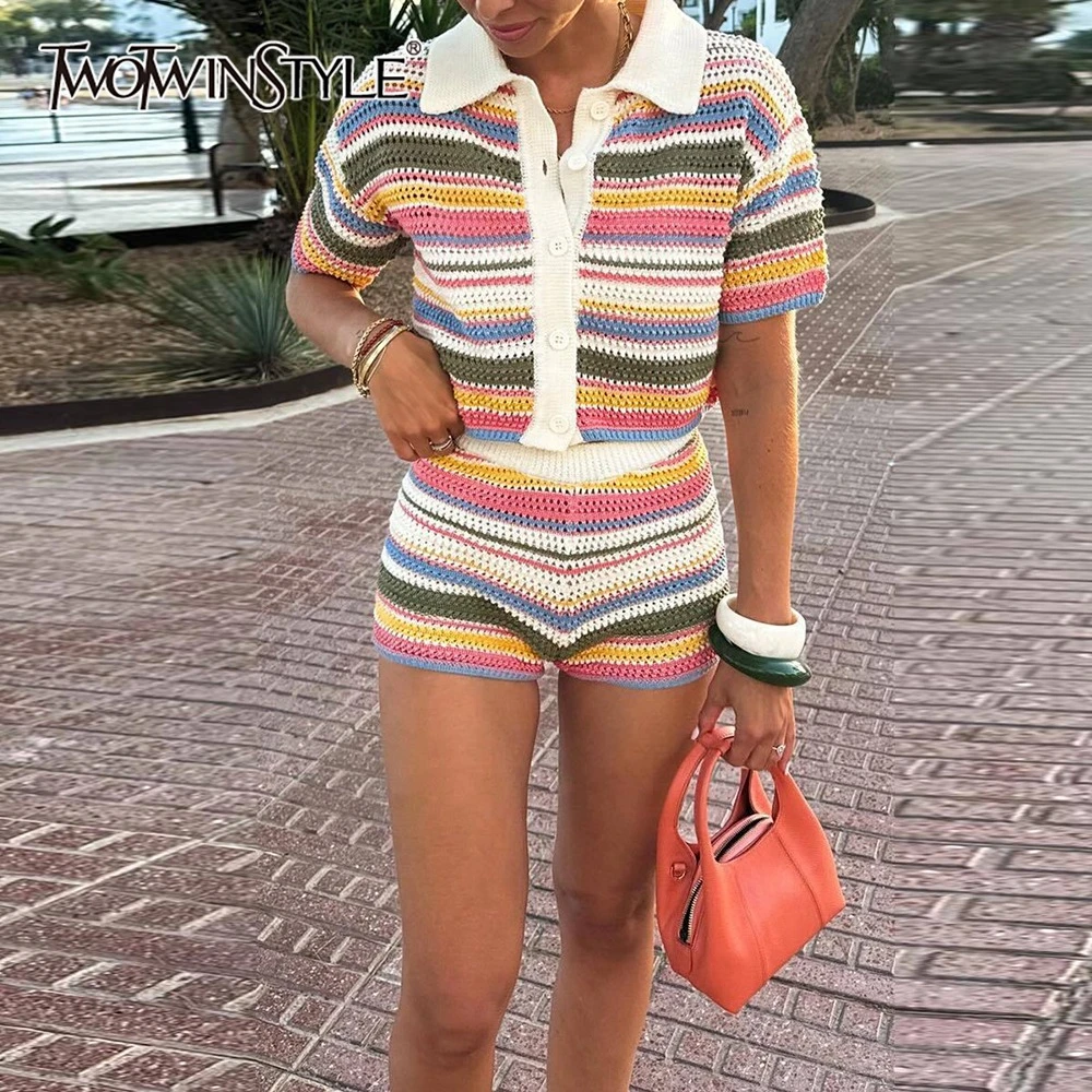 

TWOTWINSTYLE Hit Color American Street Two Piece Set for Women Lapel Short Sleeve Top High Waist Shorts Sets Female Summer Style