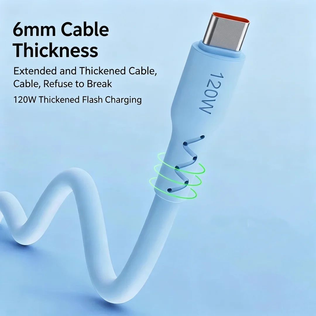 120W 6A Thickened USB to Type-C Fast Charging Cable 1M 1.5M 2M Soft Bare Wire Purple Blue Green For Huawei Xiaomi，0.3m Cable