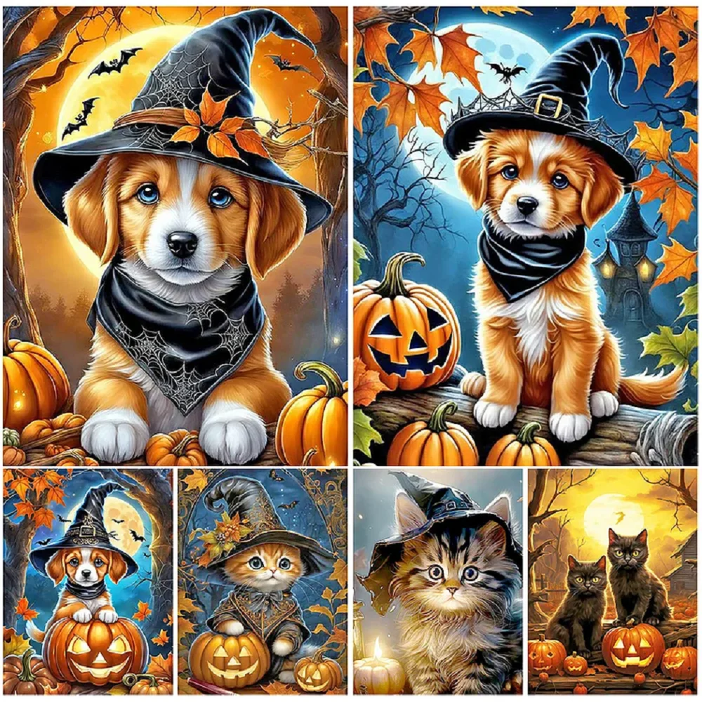 Happy Halloween 5d Diy Diamond Painting Cute Wearing Witch Hat Puppy Kitten Mosaic Embroidery Cross Stitch Kits Home Decorations