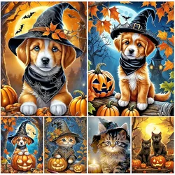 Happy Halloween 5d Diy Diamond Painting Cute Wearing Witch Hat Puppy Kitten Mosaic Embroidery Cross Stitch Kits Home Decorations