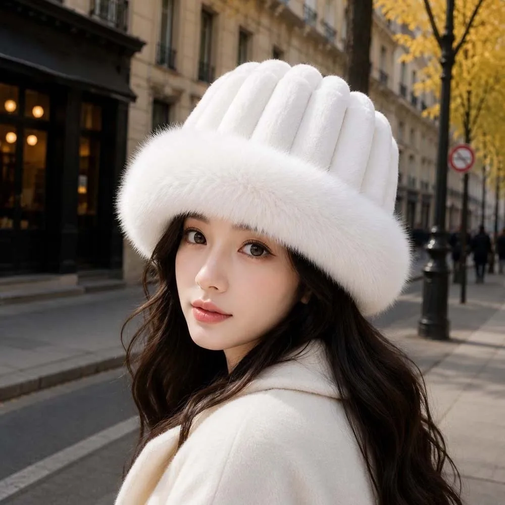 Vertical Texture Striped Fur Hat Faux Fur Brim Fleece Lining Puffy Bucket Cap Solid Color Soft Fluffy Winter Bonnet Skiing
