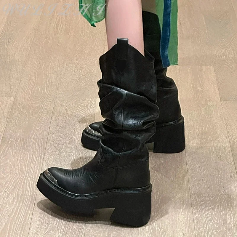 Women's Genuine Leather Pleated Modern Boots Embroidered Metal Toe Platform Female Shoes Trendy Slip-On Western Cowboy Boots