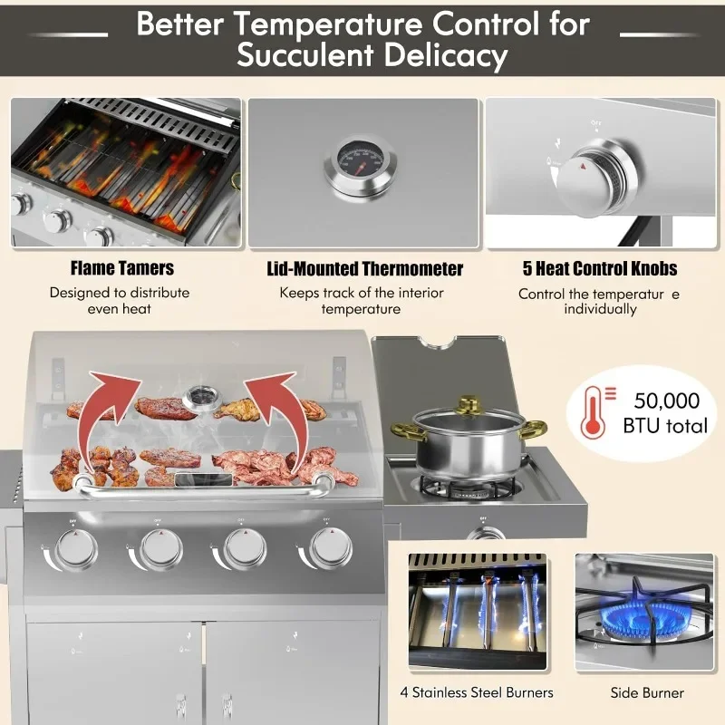 Propane Gas Grill 50,000 BTU, 4 Main Burners, 1 Side Burner, 2 Prep Tables, Stainless Steel Heavy-Duty BBQ Grill with 4