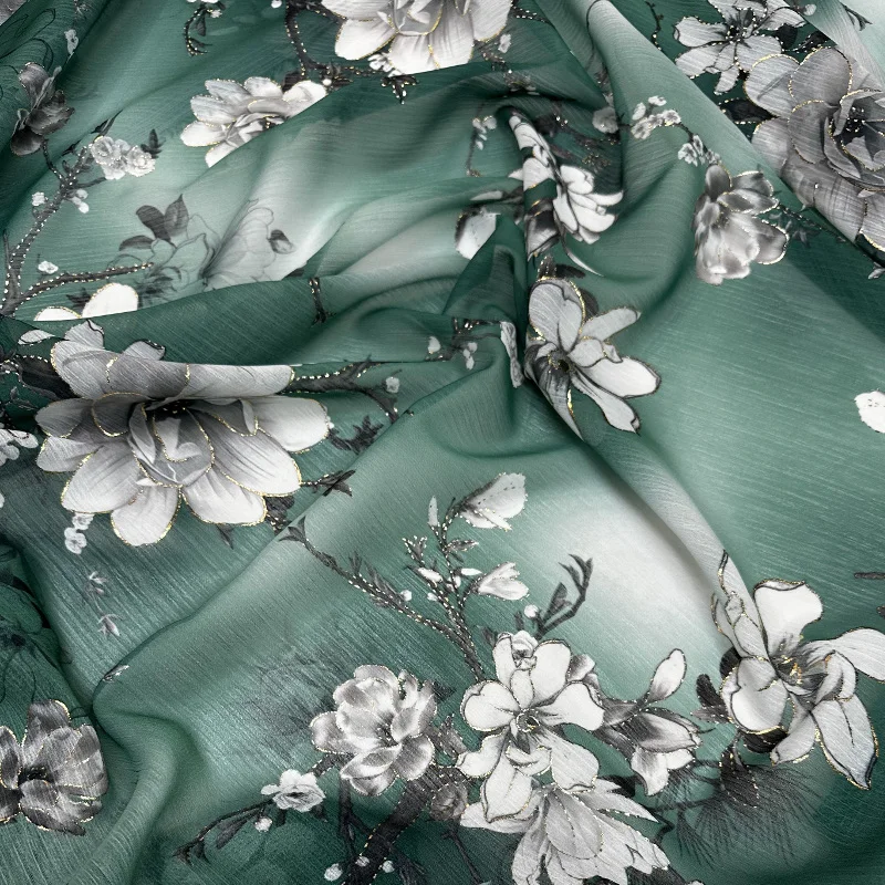 Green Floral Printed Chiffon Fabric, Luxurious Flower Print Tulle, Ideal For Summer Apparel Or Gowns, By the yard