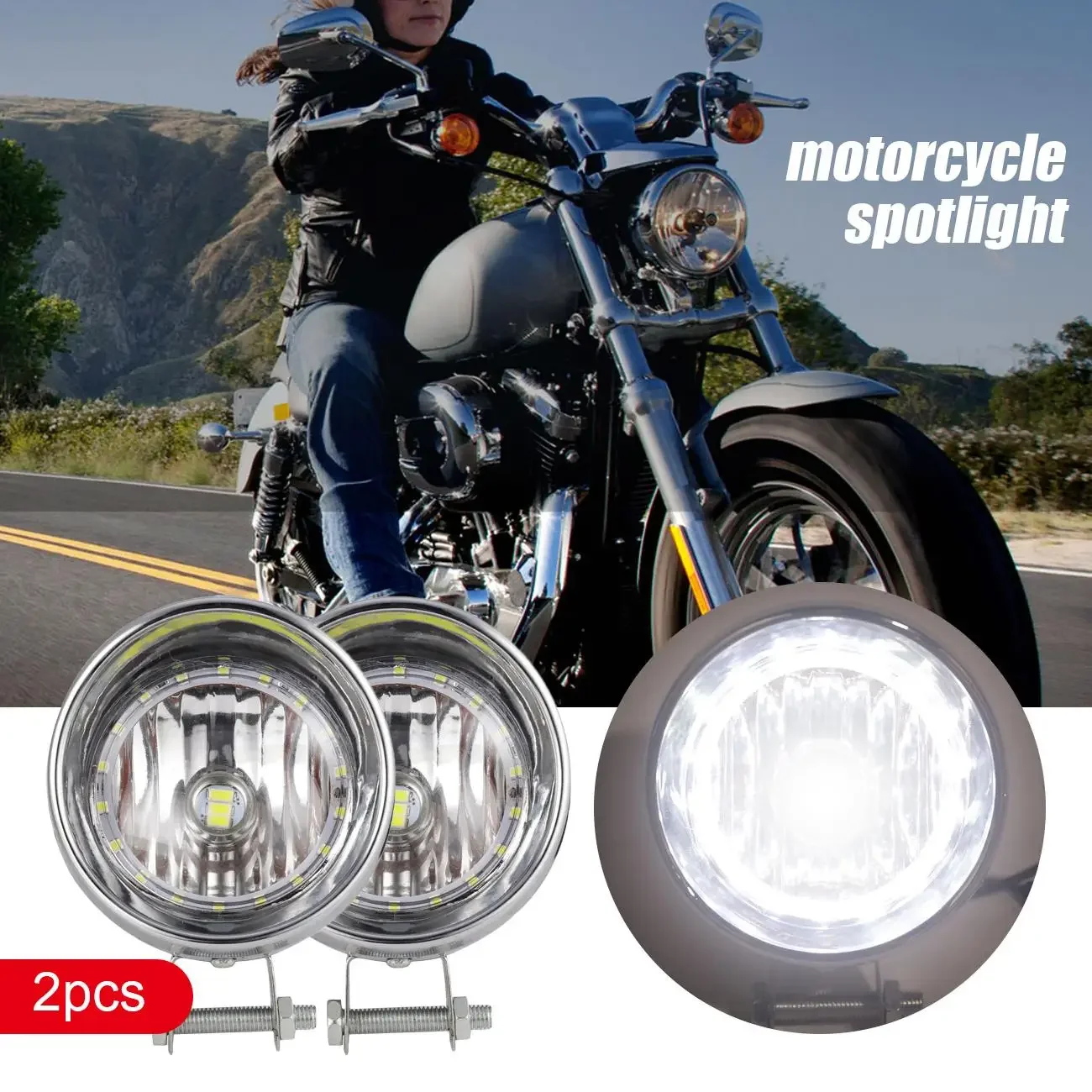 12V Motorcycle LED Spotlight Fog Light  Chrome Auxiliary Passing Light Lamp With Angel Eye Ring Universal For Motorcycle