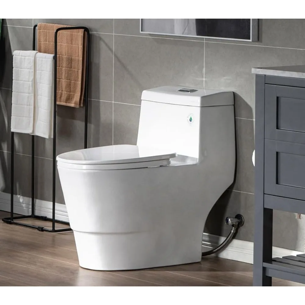 E One Piece Toilet with Soft Closing Seat, Chair Height, 1.28 GPF Dual, Water Sensed, 1000 Gram MaP Flushing Score Toilet with C