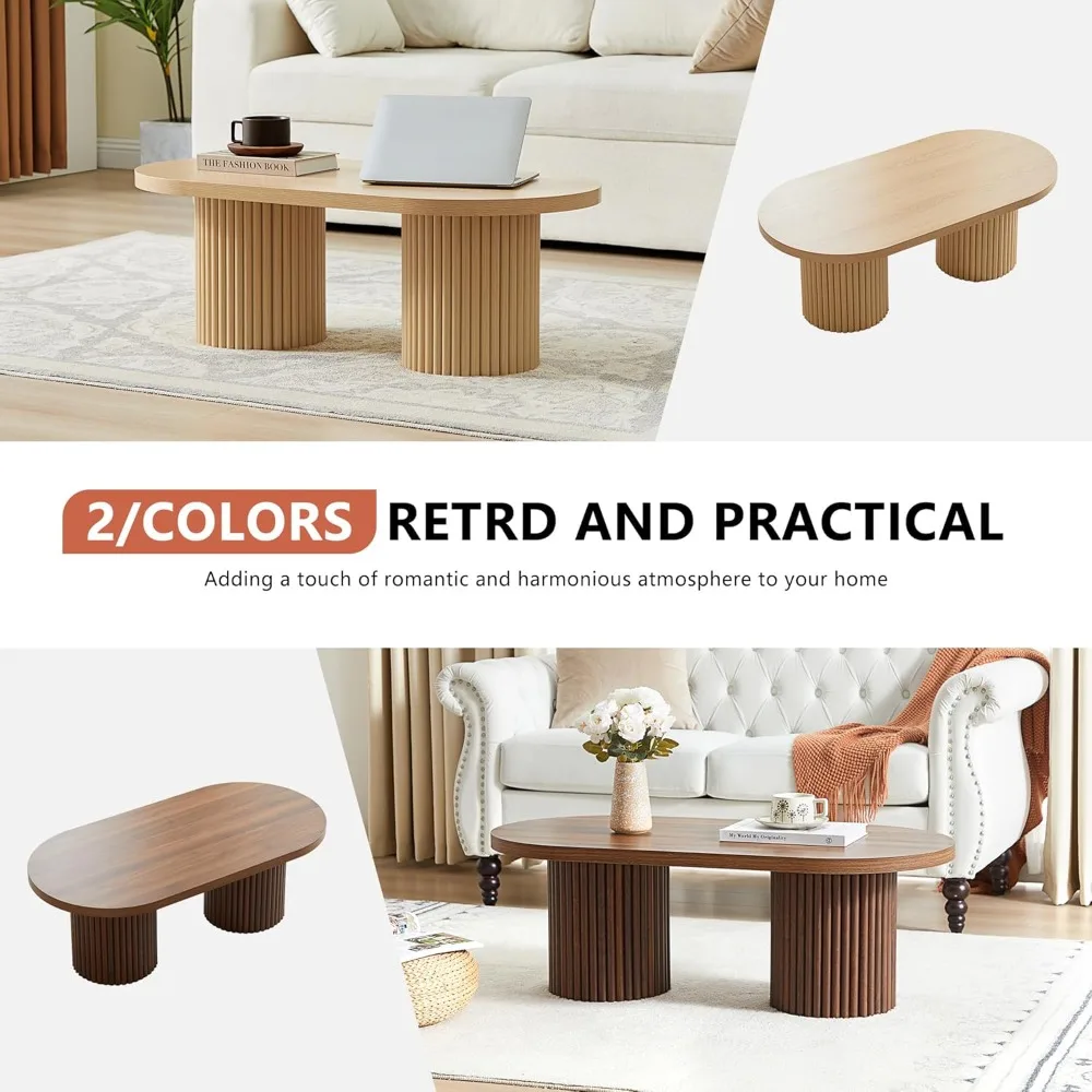 طاولة قهوة بيضاوية الفلوت، طاولة قهوة خشبية للمزرعة، طاولة مركزية حديثة من القرون الوسطى، طاولة غرفة المعيشة البوهيمية