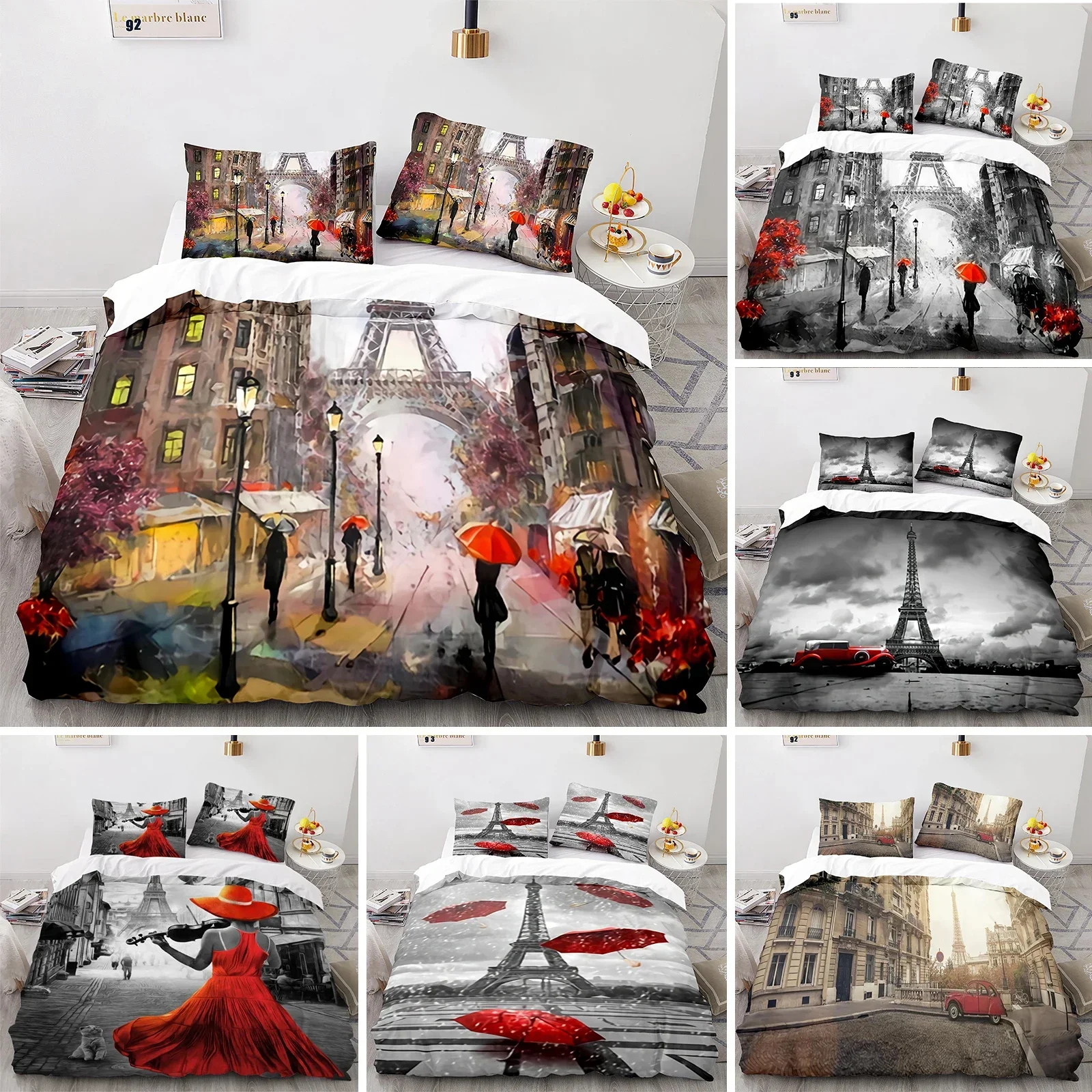 Eiffel Tower Duvet Cover Paris France Bedding Set Retro Red Truck Quilt Cover City Building Automobile Polyester Comforter Cover