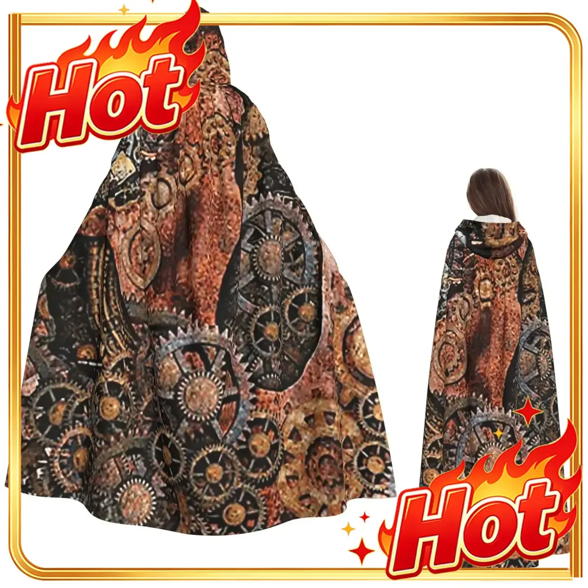 Steampunk Gear Clockwork Gears Steampunk Cogwheel Gears Long Hooded Cloak Witch Medieval Costume Cosplay Cape HalloweenVampire
