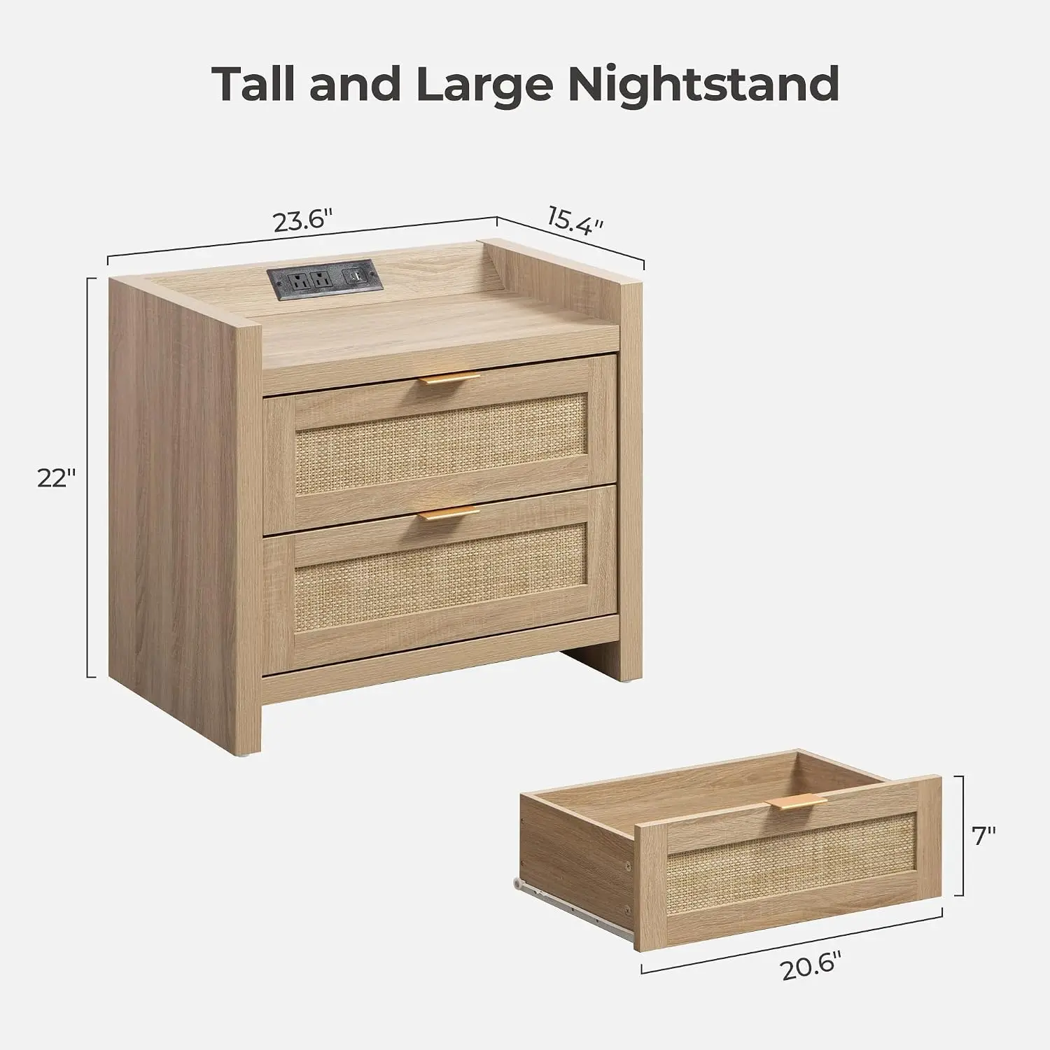 Rattan Nightstand with 2 Drawers & Type-C Charging, Farmhouse Boho Bedside End Table for Bedroom Small Space, Customized