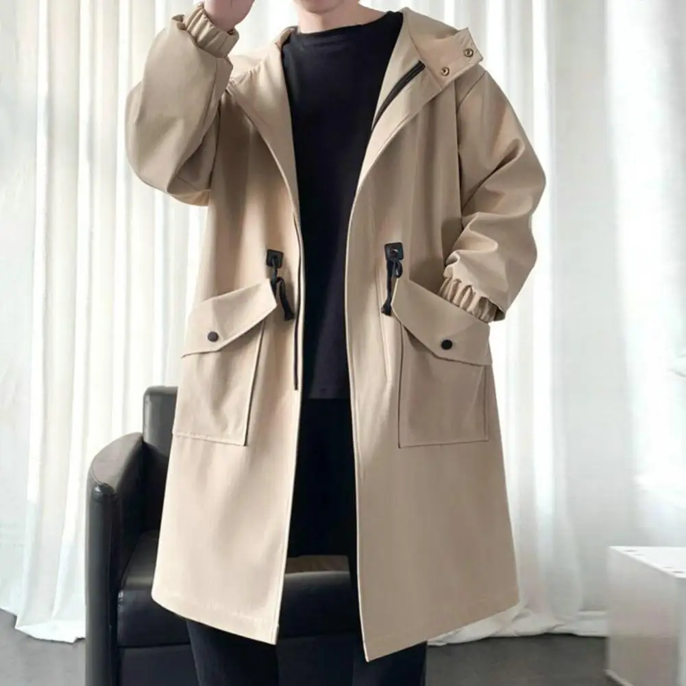 Comfortable Men Windbreaker Streetwear Men\'s Trench Coat with Hood Big Pockets Windproof Design Mid Length Solid Color for Men