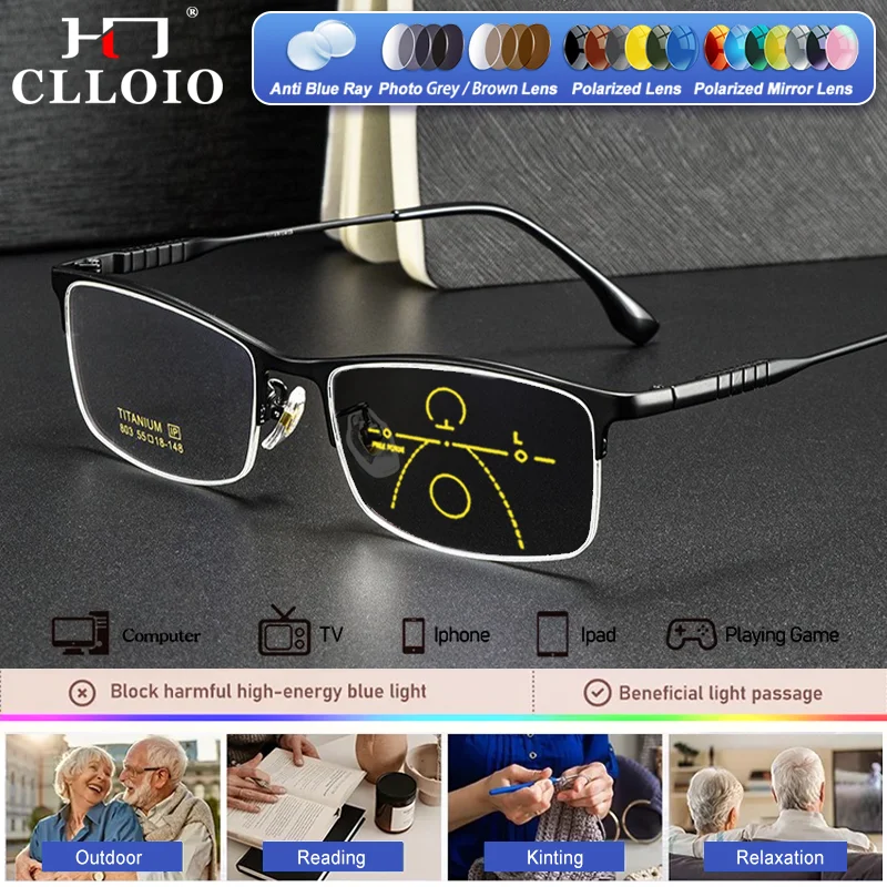 

CLLOIO Business Oversize Pure Titanium Half-Frame Myopia Glasses Men Anti Blue Light Progressive Optical Prescription Eyeglasses