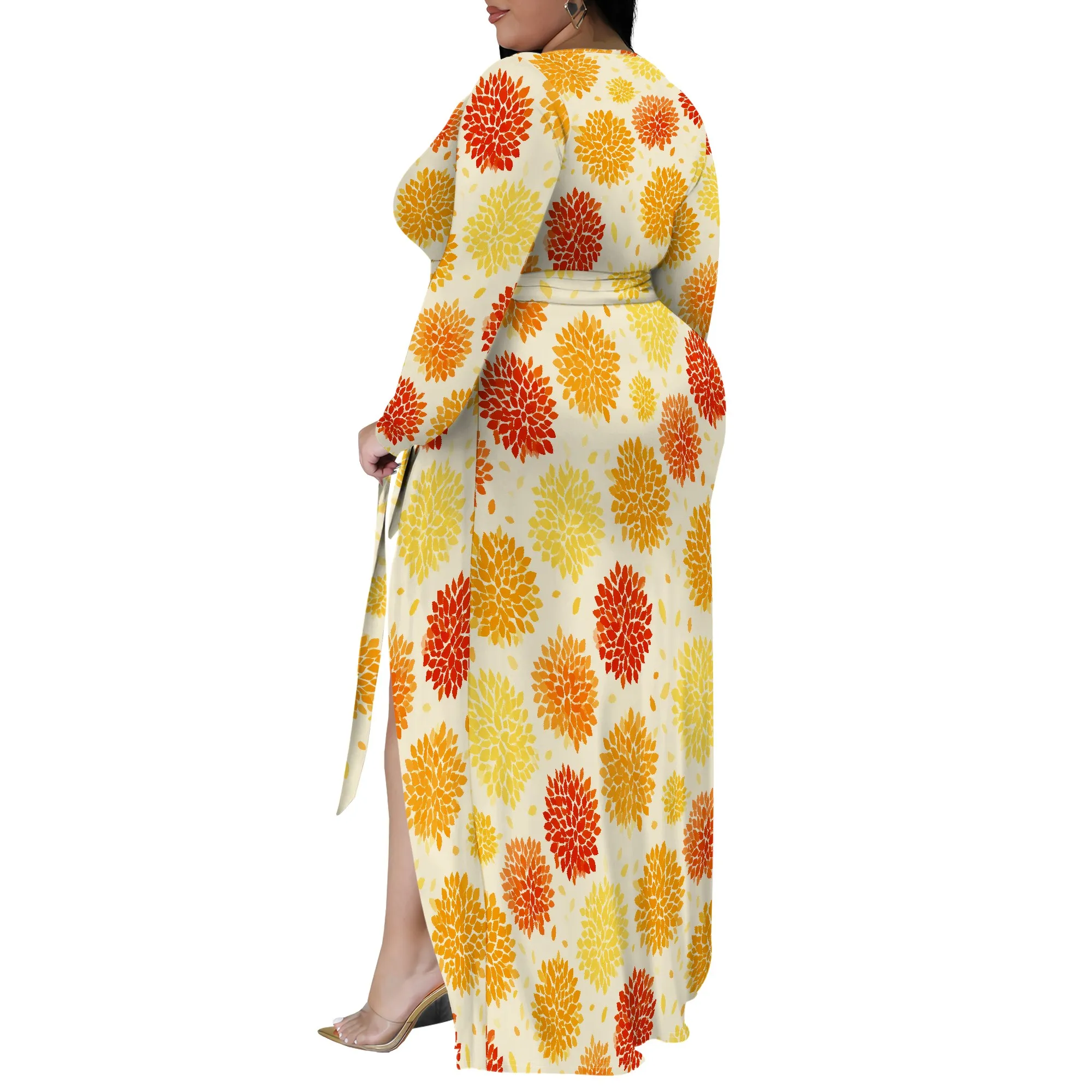 

Plus Size Dresses for Women Floral Print Maxi Dress Slit Flowy Long Sleeve with Belt