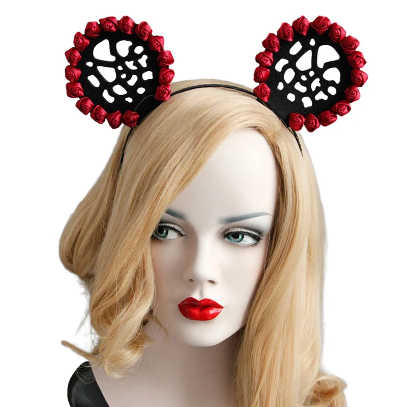 Women Girl Mickey Ears Flower Rose Beads Hairhoop Headband Pretty Felt Fancy Dress Hairband Hair Hoop Fashion Jewelry