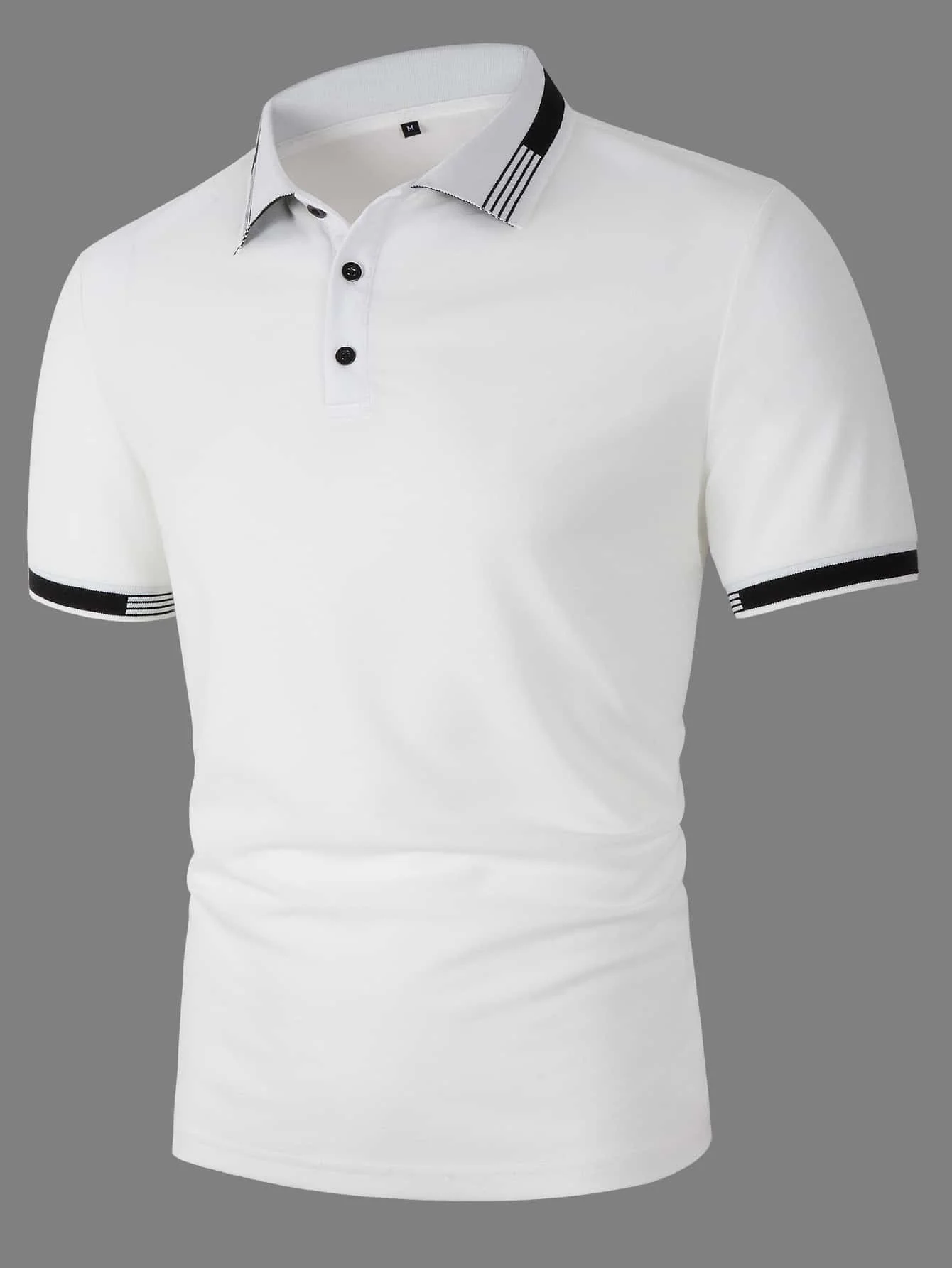 

Men's White Polo Shirt with Black Striped Trim Collar and Cuffs