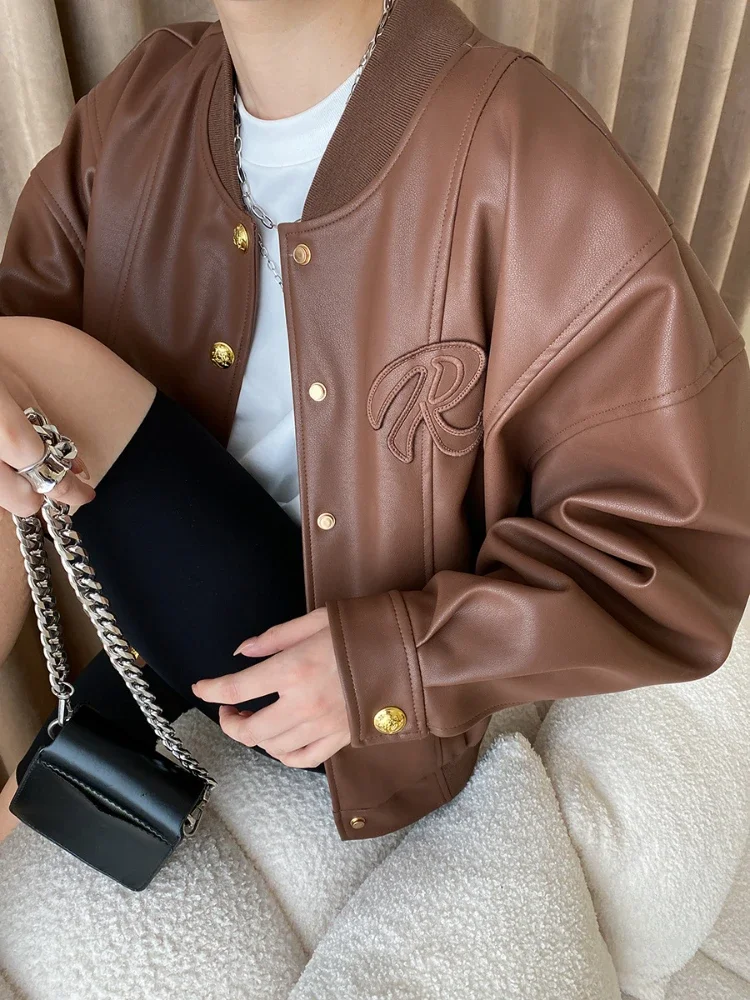 Casual Bomber Leather Jacket for Women Spring Autumn 2024 Trend Splicing Design PU Leather Motorcycle Jackets Streetwear