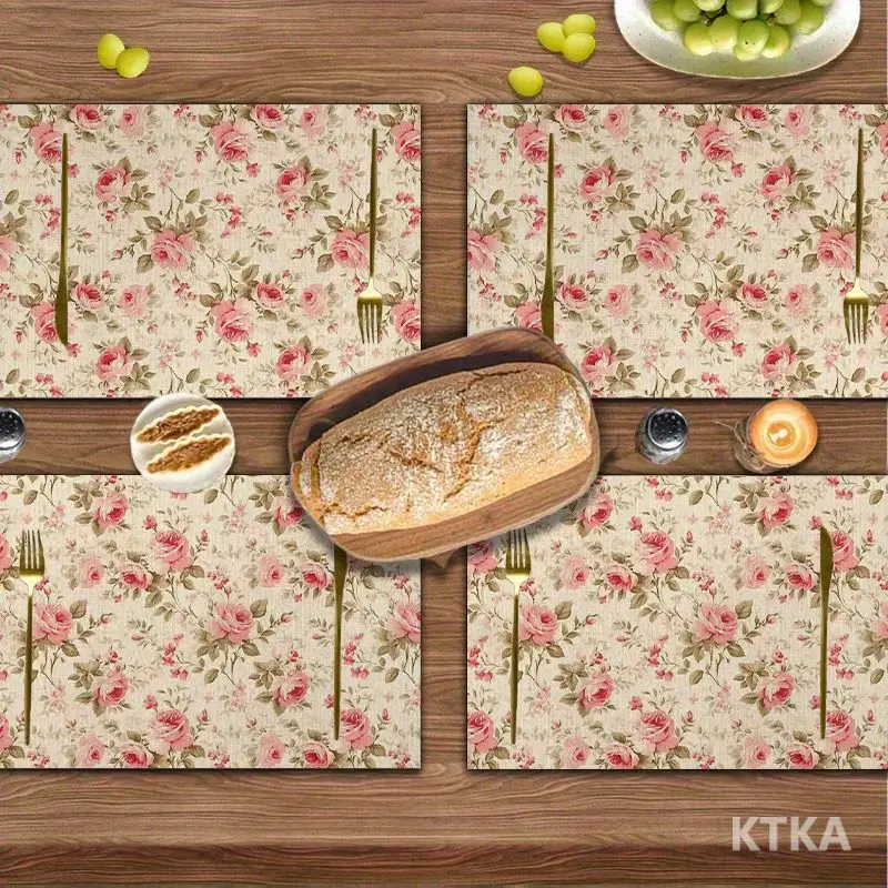 4Pcs, French Retro Rose Floral Placemats, the Best Placemats, Washable, Suitable for Holiday Parties, Home Decor, Kitchen Tables, Rectangular Dining Rooms, Making Your Dining Room and Kitchen More Beautiful, Birthday Gifts and Housewarming Party Gifts for Family and Friends