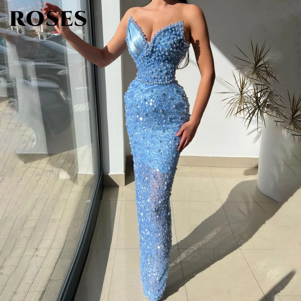 

ROSES Blue Trumpet Prom Dress for Women Beadings Sweetheart Night Dress with Sequins Satin Evening Celebrity Dresses Customized