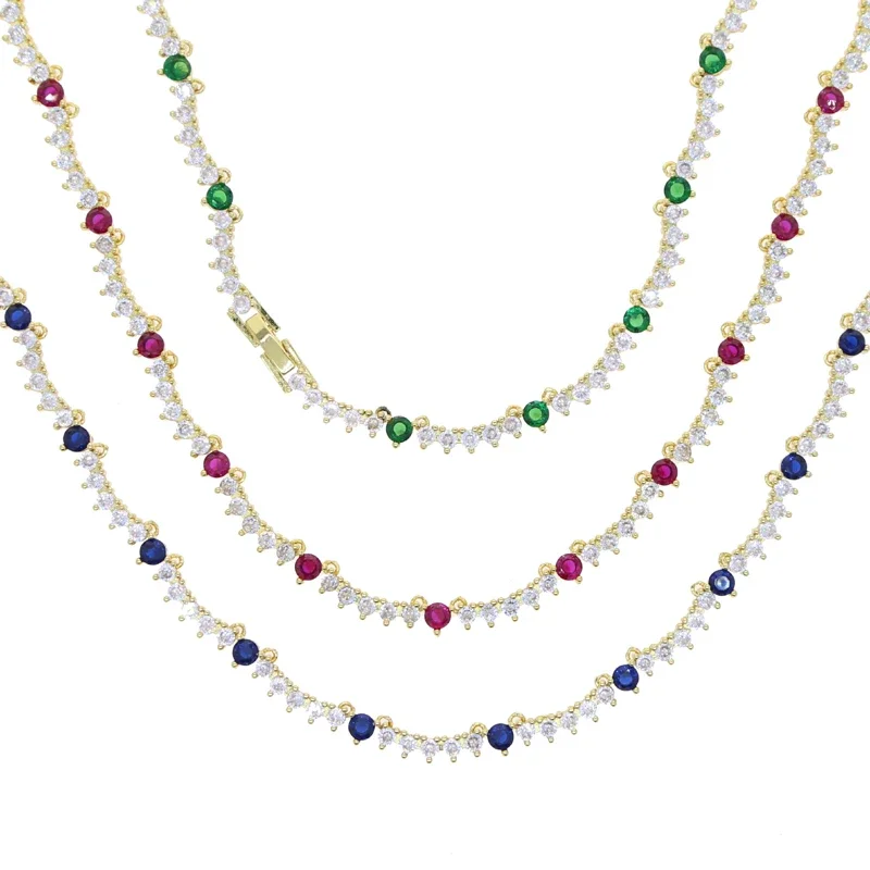 High Quality Red Blue Green Full Cz Paved Tennis Chain Choker Necklaces for Women Charm Gold Color Hip Hop Wedding Jewelry