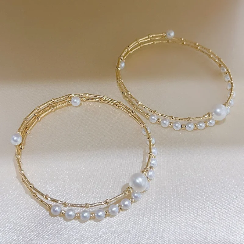 

SGARIT Pure 18k Gold Double Row Natural Freshwater White Pearl Bracelet 3.5-4mm Plus 7-8mm Fine Jewelry Gift ST07