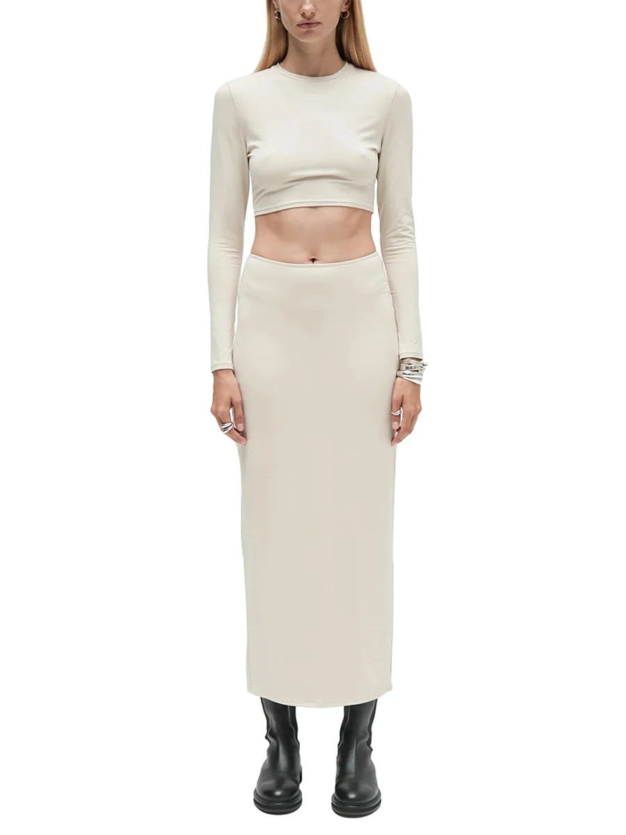 Women s Ribbed Knit Two Piece Skirt Set Long Sleeve Crop Top and High Waist Midi Skirt for a Fitted and Slim Look