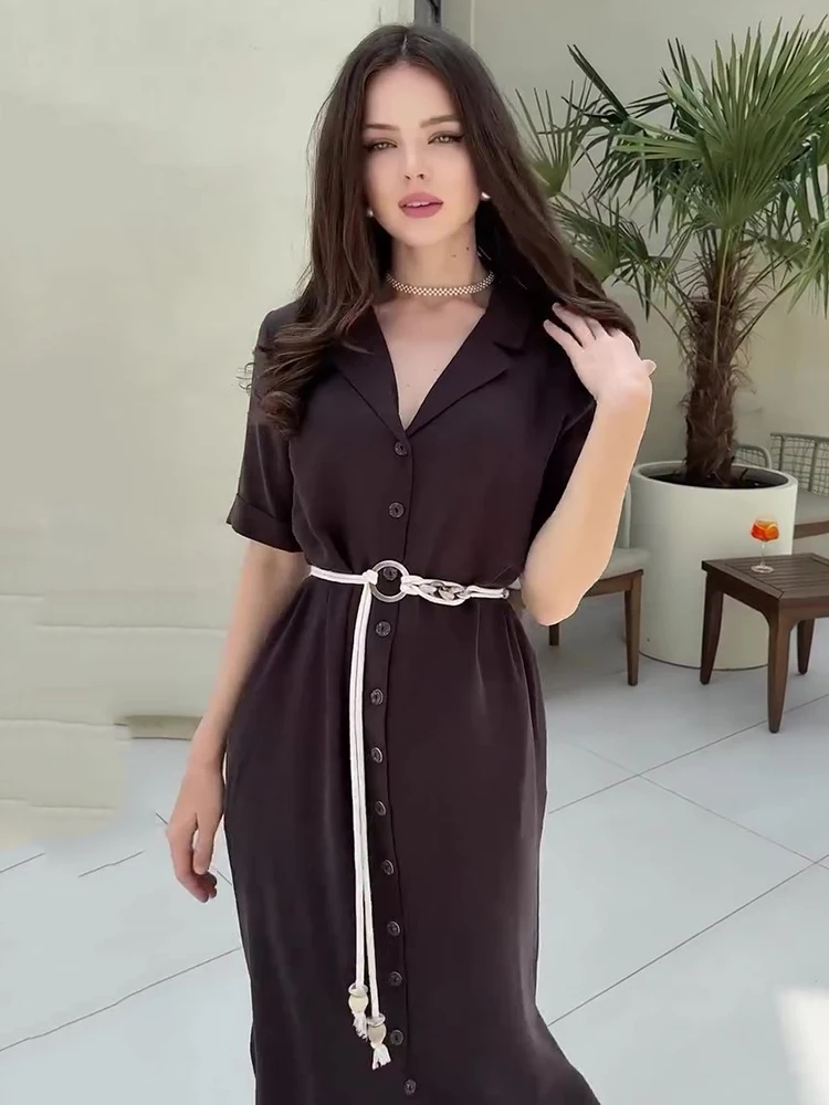 우아한 뒤 자수 속이 빈 드레스 봄 여성 싱글 브레스트 셔츠 드레스 여름 높은 허리 느슨한 무릎 길이 드레스