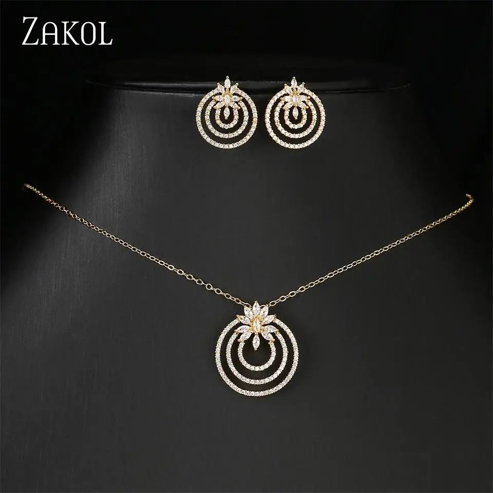 ZAKOL Luxury Retro Micro-set Zircon Women's Necklace Earrings Two-piece Set Temperament Elegant Charm Wedding Party Jewelry Sets