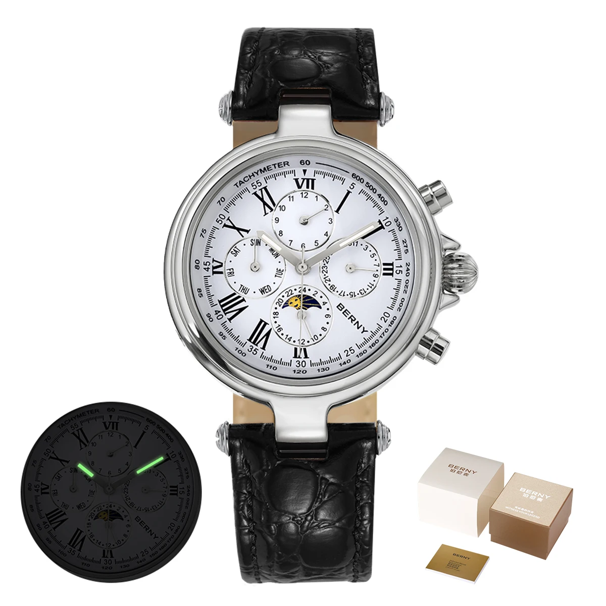 Berny klassische Kleid Automatik uhr für Männer Luxus Edelstahl mechanische Armbanduhr Leder armband wasserdichte Silber uhren
