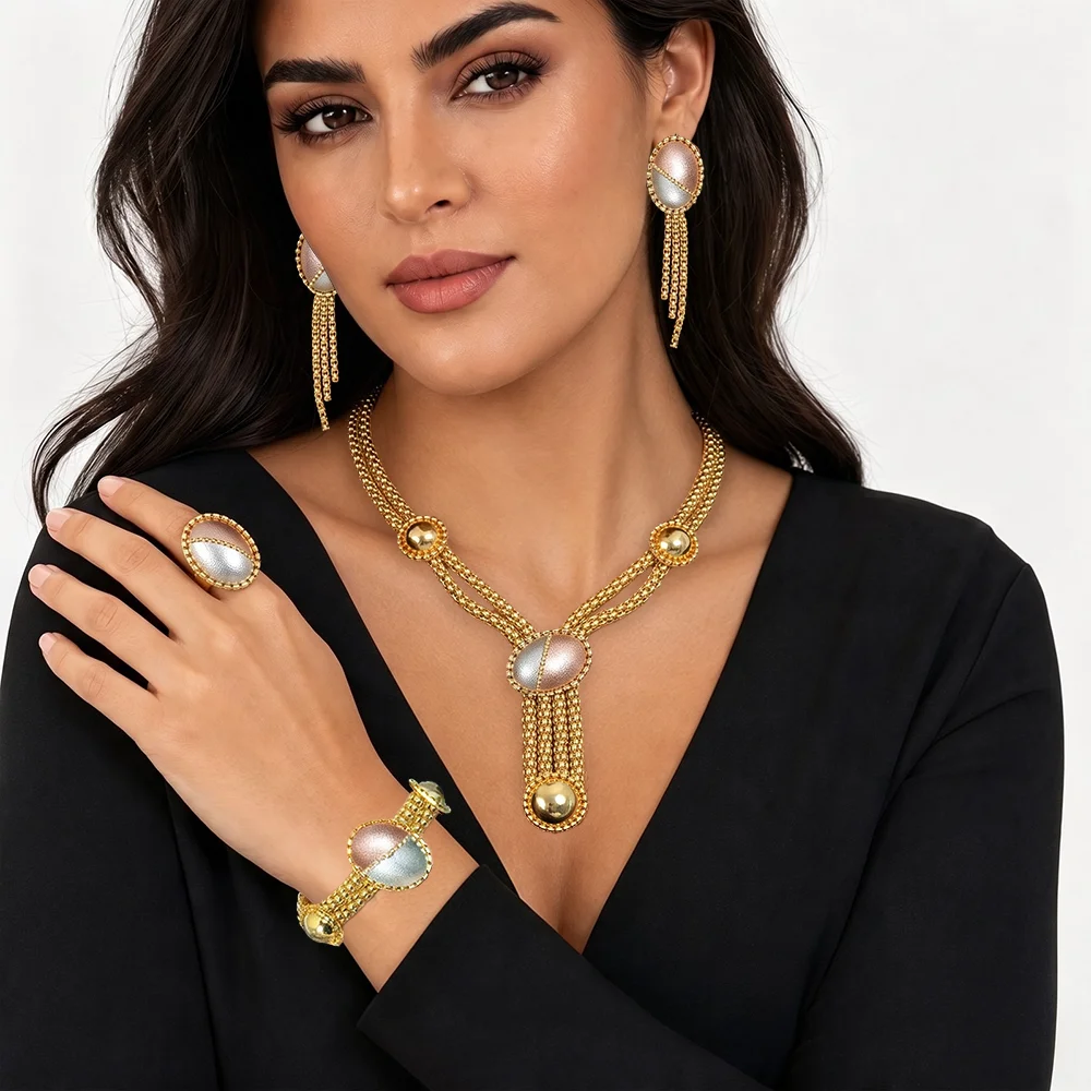 GZJPEI 2026 New Tri-color Jewelry Set Oval Pendant Multi-Layer Tassel Jewelry For Women Dubai Bridal Wedding Ornament Party Gift