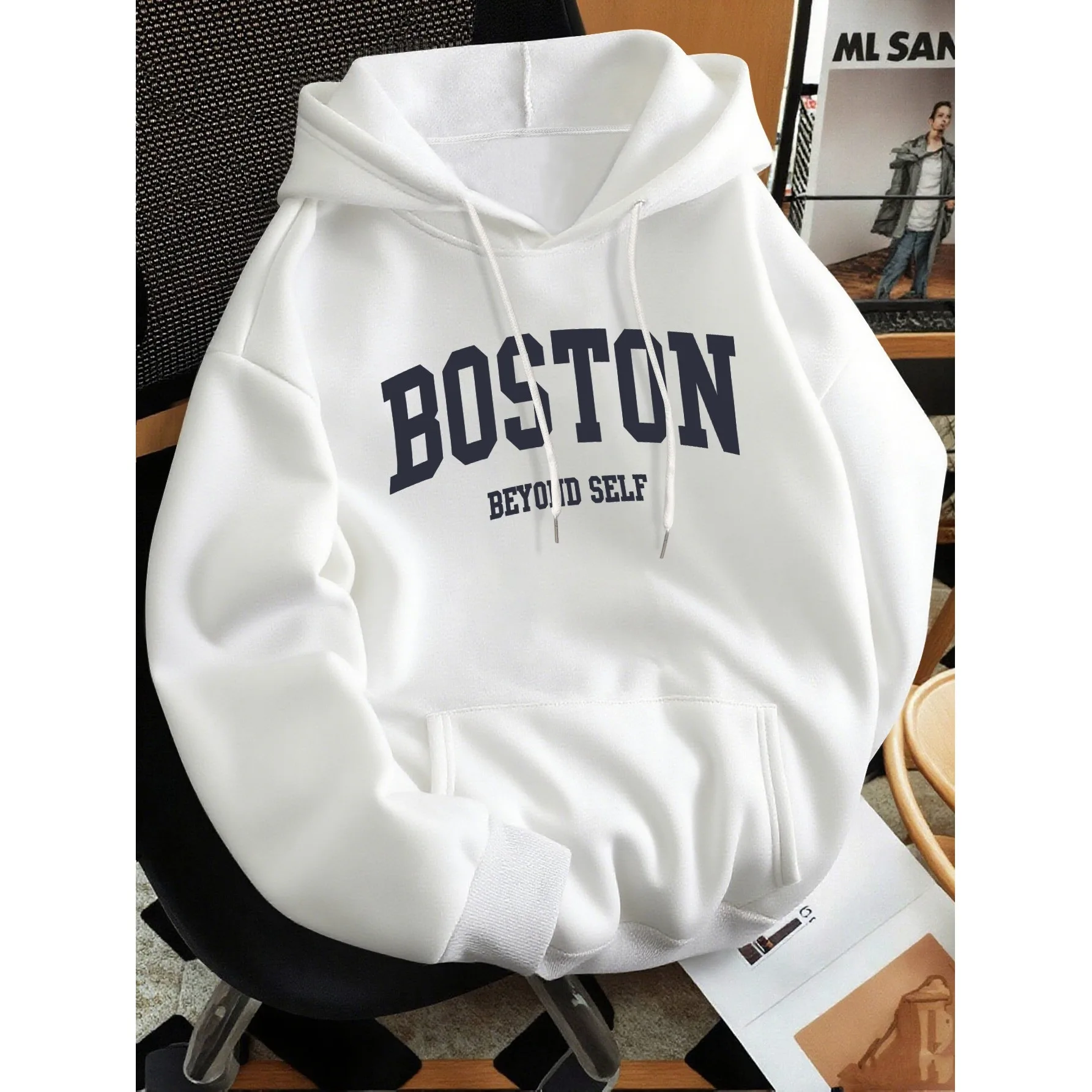 Herbst-Winter-Unisex-Kapuzenpullover, Vintage College Boston Text-Print Pullover Hoodie, lässige Streetwear-Langarm-Oberteile – Detail 13
