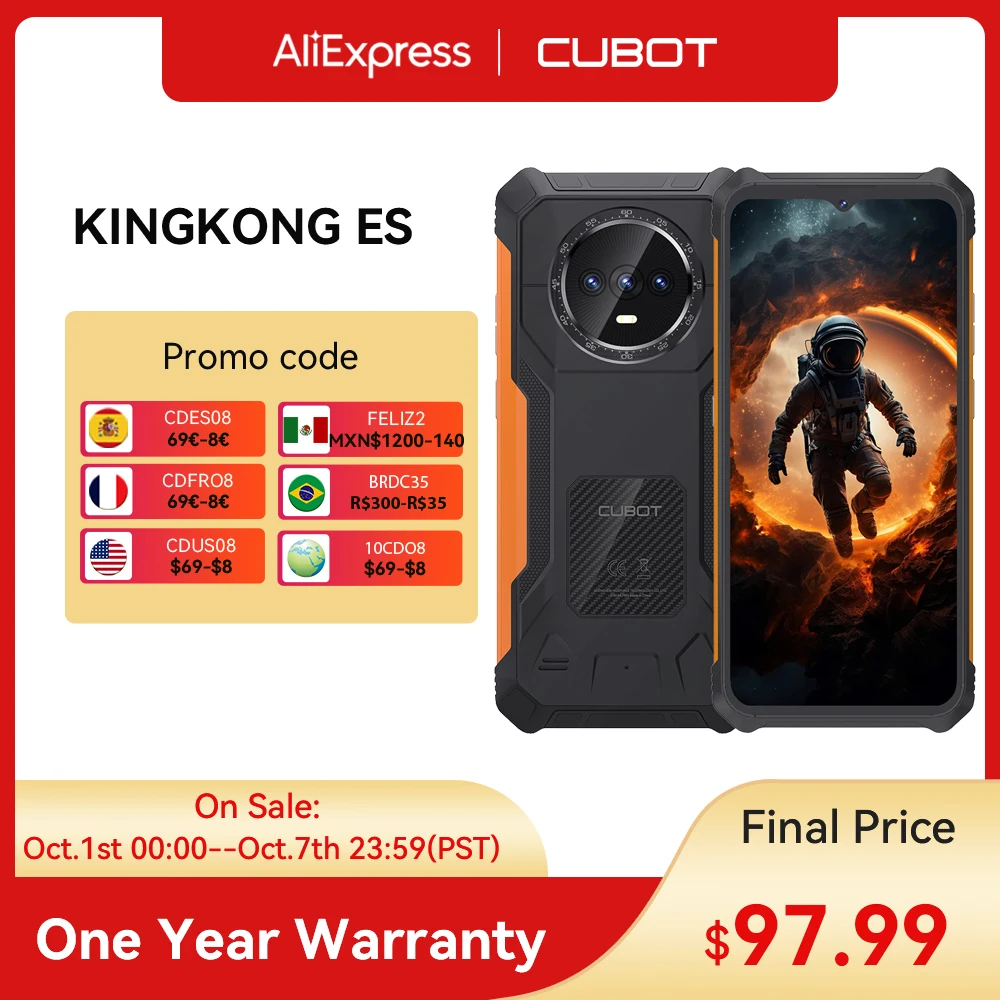 Cubot KINGKONG ES 러기드 스마트폰, 초박형 러기드 스마트폰, 16GB + 128GB RAM, 90Hz, 6.56 인치 HD + 화면, 안드로이드 14 