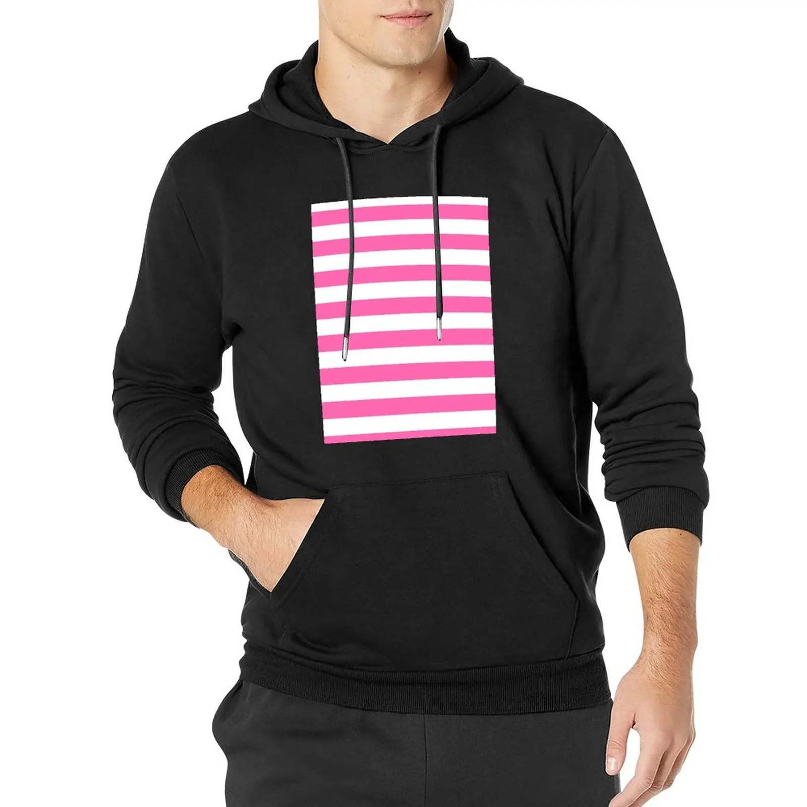 

Hot Pink and White Horizontal Stripes Pullover Hoodie korean autumn clothes autumn jacket men japanese style autumn hoodie