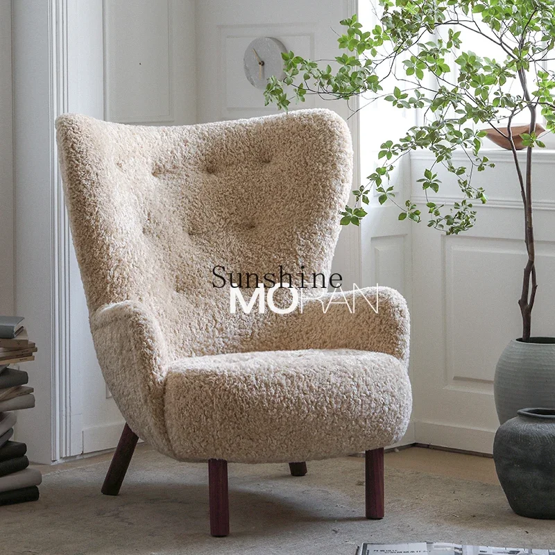 Solid wood lamb wool single high backrest walnut sofa chair