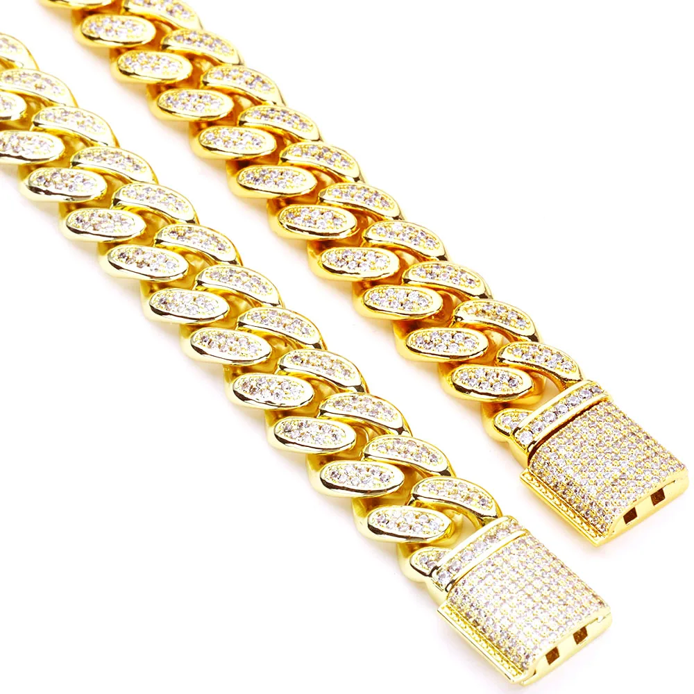 Hip Hop 14k Gold Plated Bling Iced Cuban Chain Jewelry Cadena Hombre 12mm 2 Rows Diamond 18k Gold Color Cuban Necklace