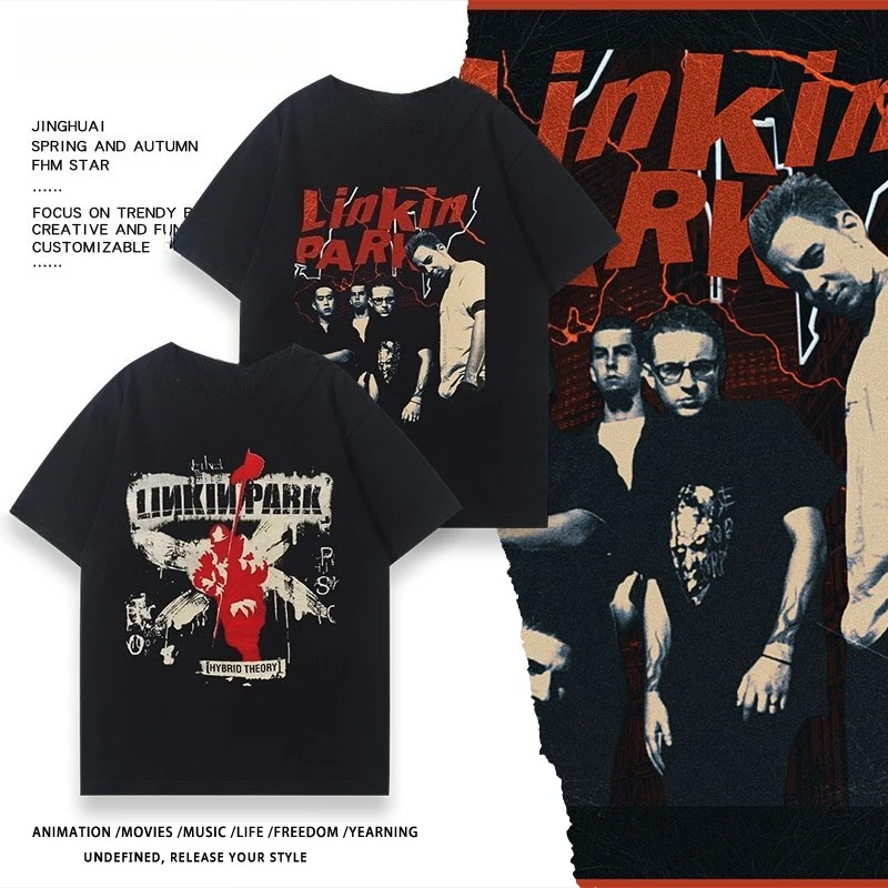 2025 منتج جديد تصميم لينكين بارك باند الطرفية قصيرة الأكمام تي شيرت الفتيان والفتيات فضفاض خمر روك نصف كم