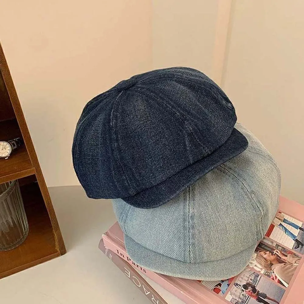 Forward Hat Cotton Denim Berets Cap Japanese Style Street Style Retro Forward Hat Big Head Circumference Blue Newsboy Cap Party