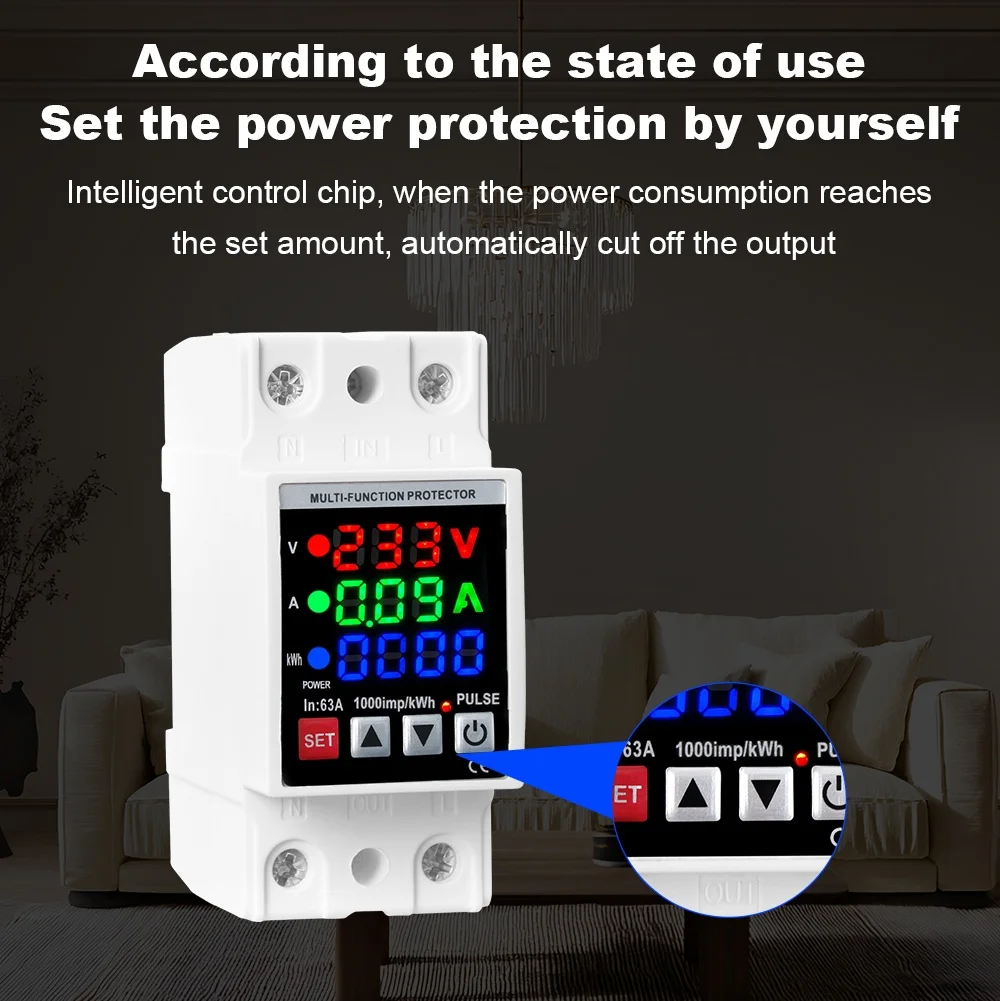 شاشة 3IN1 63A قابلة للتعديل من الجهد الزائد وتحت الجهد جهاز حماية التتابع على حد الحماية الحالي