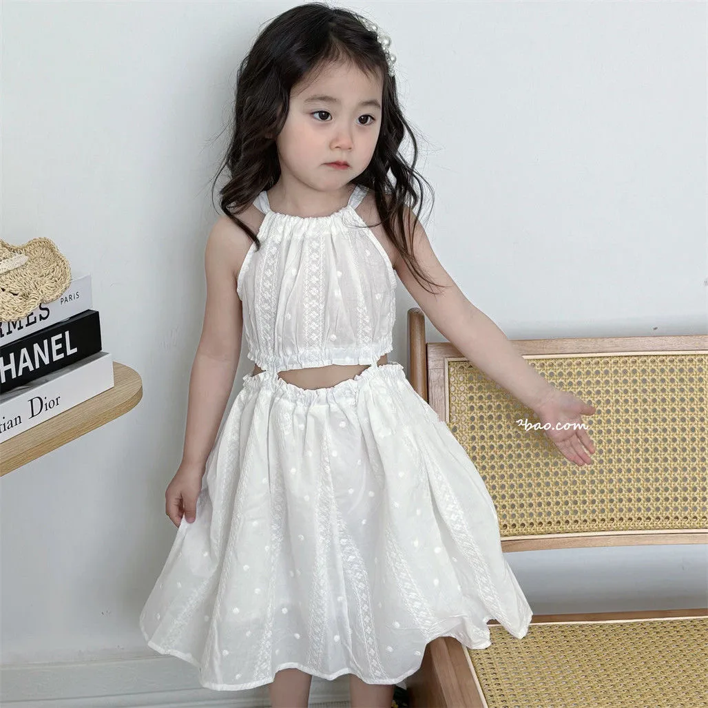 Girls' Dress Summer Children's Sleeveless Hanging Neck White Strap Dress Vacation Style Beach Skirt