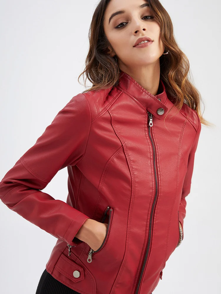 Women\'s Thin Leather Slim Jacket, Ladies Motorcycle Wear, Large Size, Stand-up Collar, Spring and Autumn, 2023