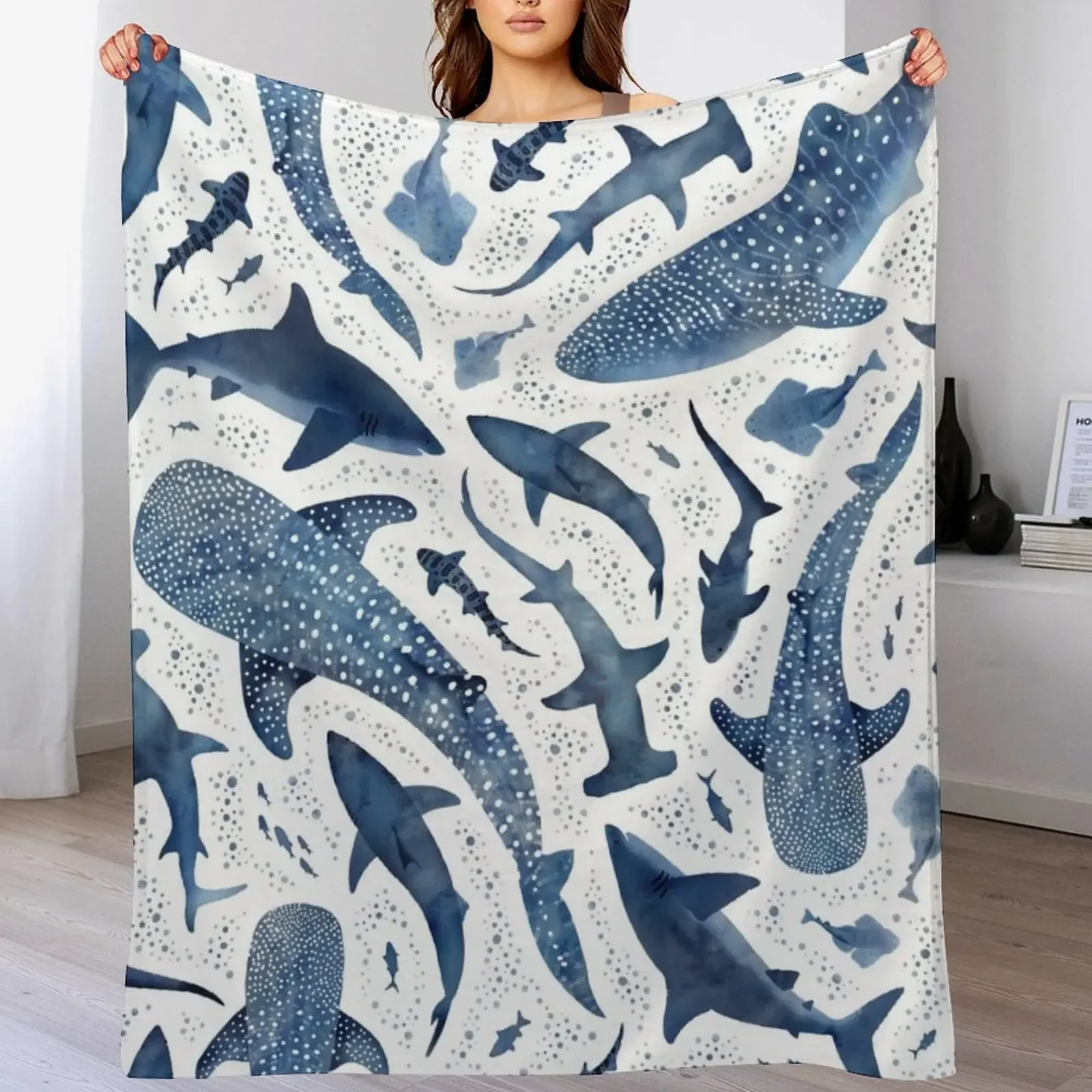 

Monochrome blue watercolour shark ocean on white Throw Blanket Flannel Fabric Warm for sofa Extra Large Throw Blankets
