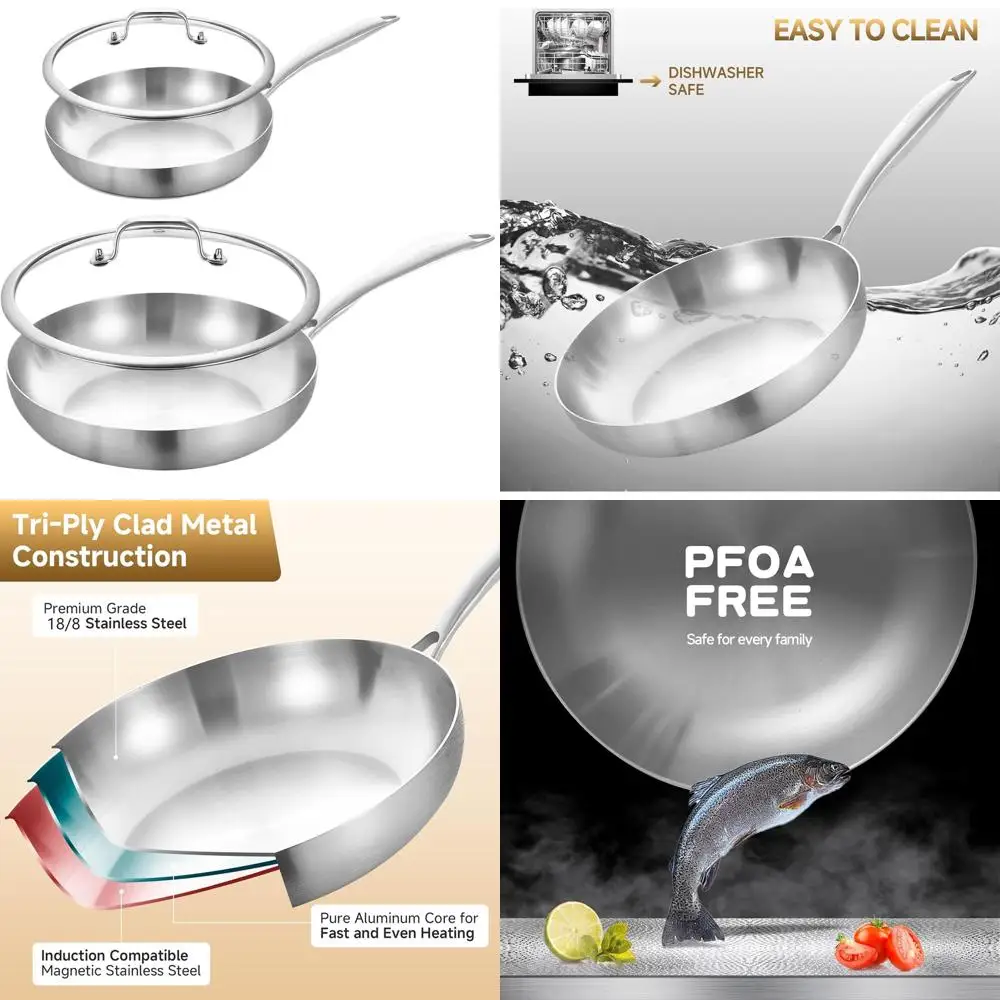 

8.5-12 Inch Tri-Ply Stainless Steel Frying Pan Set with Lids, Skillets, Induction-Ready, Oven and Dishwasher Safe, Removable Han