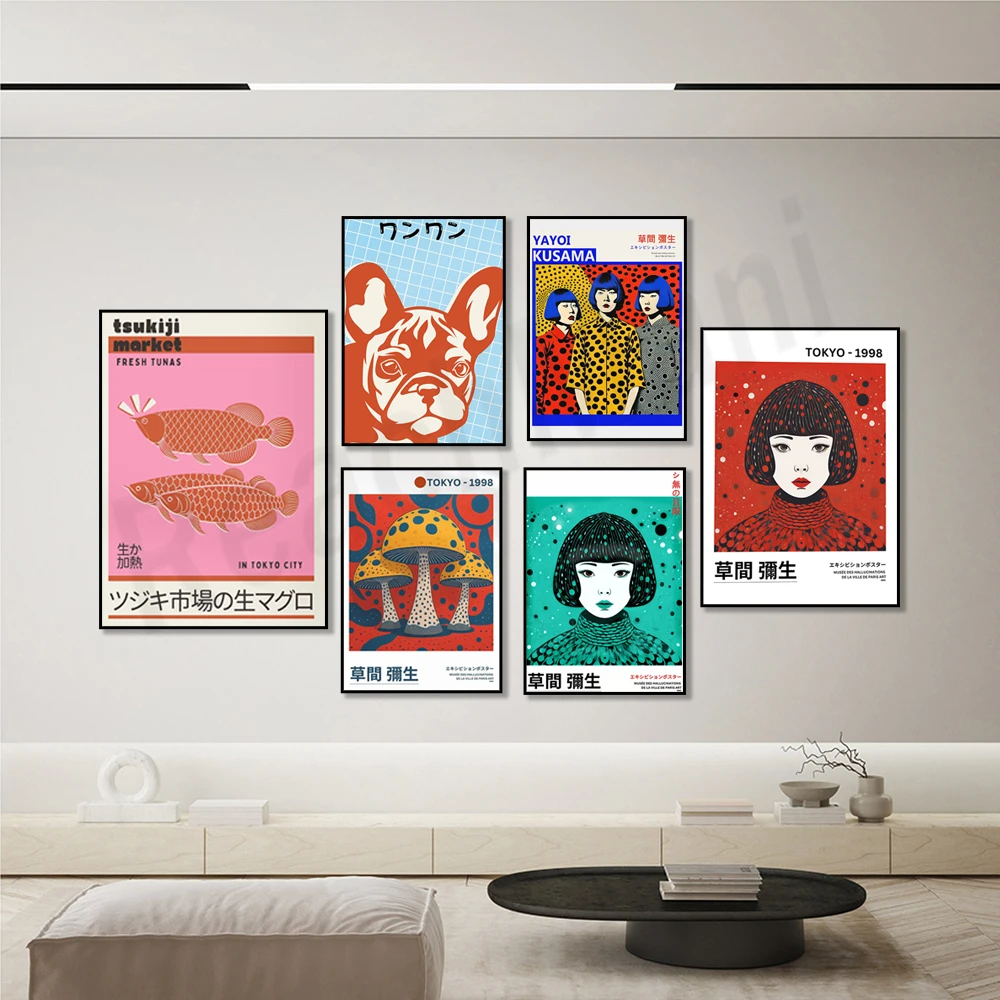 Yayoi Kusama portrait, Kusama trial, mushrooms, Japanese fish market, ramen, French bulldog, Katsushika Hokusai retro poster