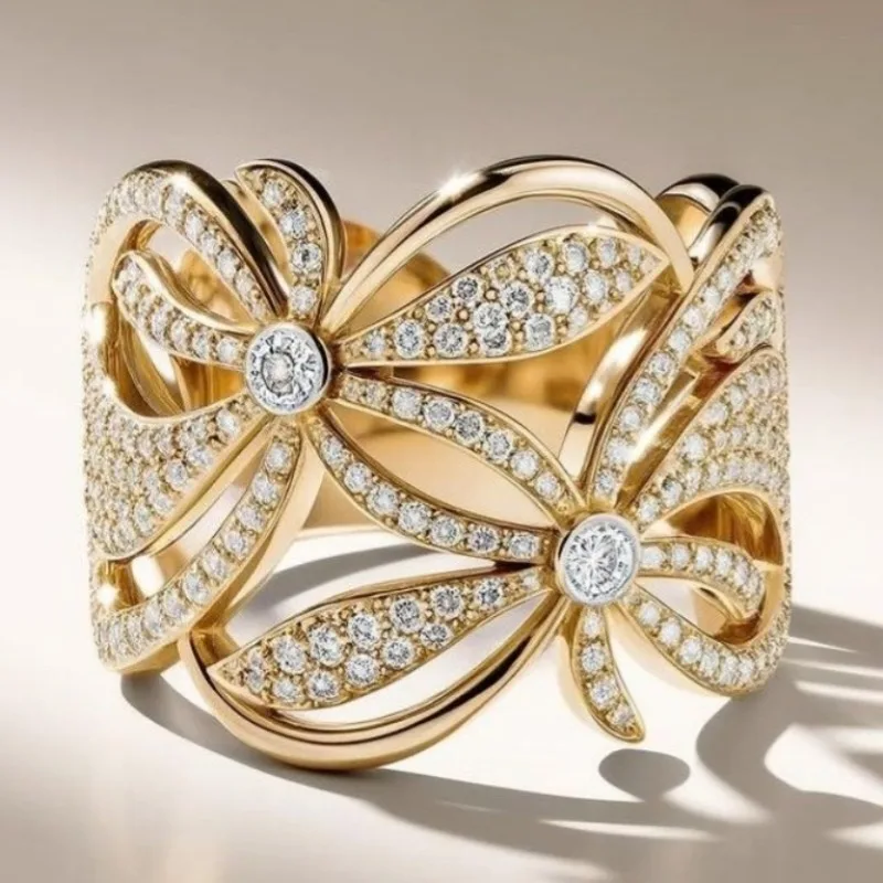 Elegant Hollowed Out Flower Shaped Ring Inlay Cubic Zircon For Women Exquisite Banquet Wedding Ring Accessory Gorgeous Jewelry