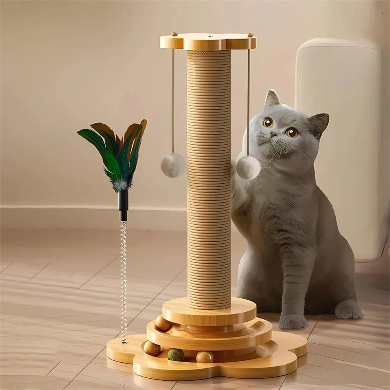 Pet Cat Toy Solid Wood Cat Turntable Funny Cat Stick Balls Durable Sisal Scratching Board Cat Supplies Cat Grab Column