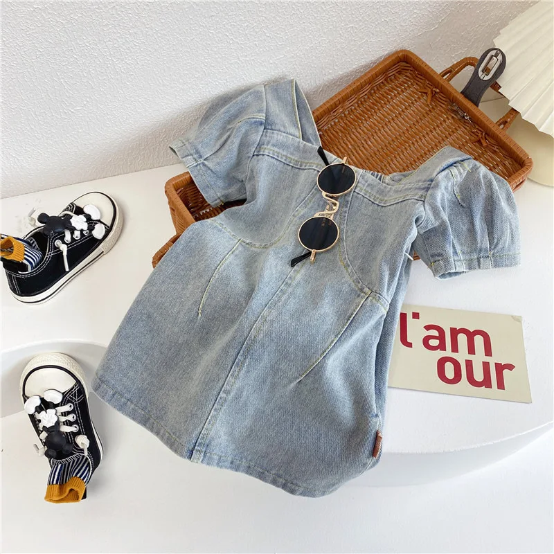 

Girls Korean Denim Short Sleeved Dress 2024 New Summer Clothing for Children and Babies Stylish Bubble Sleeved Dress