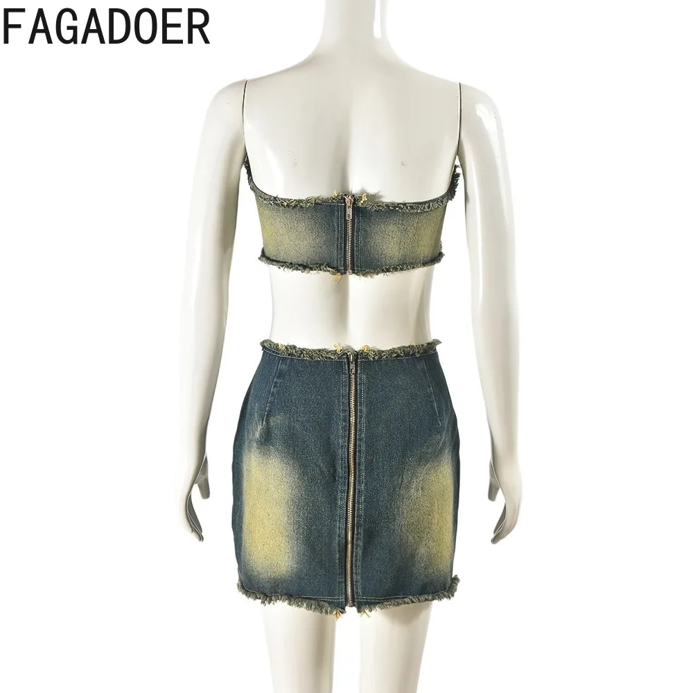 FAGADOER Fashion Retro Distress Y2K Denim Streetwear Women Sleeveless Backless Tube And Belt Mini Skirts Cowboy Two Piece Sets