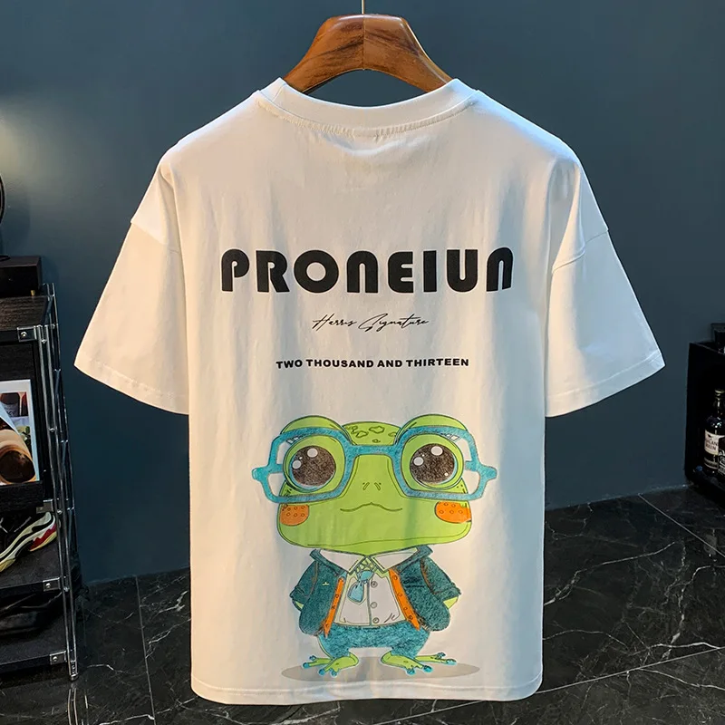 Casual short sleeve T-shirt men's summer thin loose frog cartoon printed half sleeve clothes high-end street fashion tops