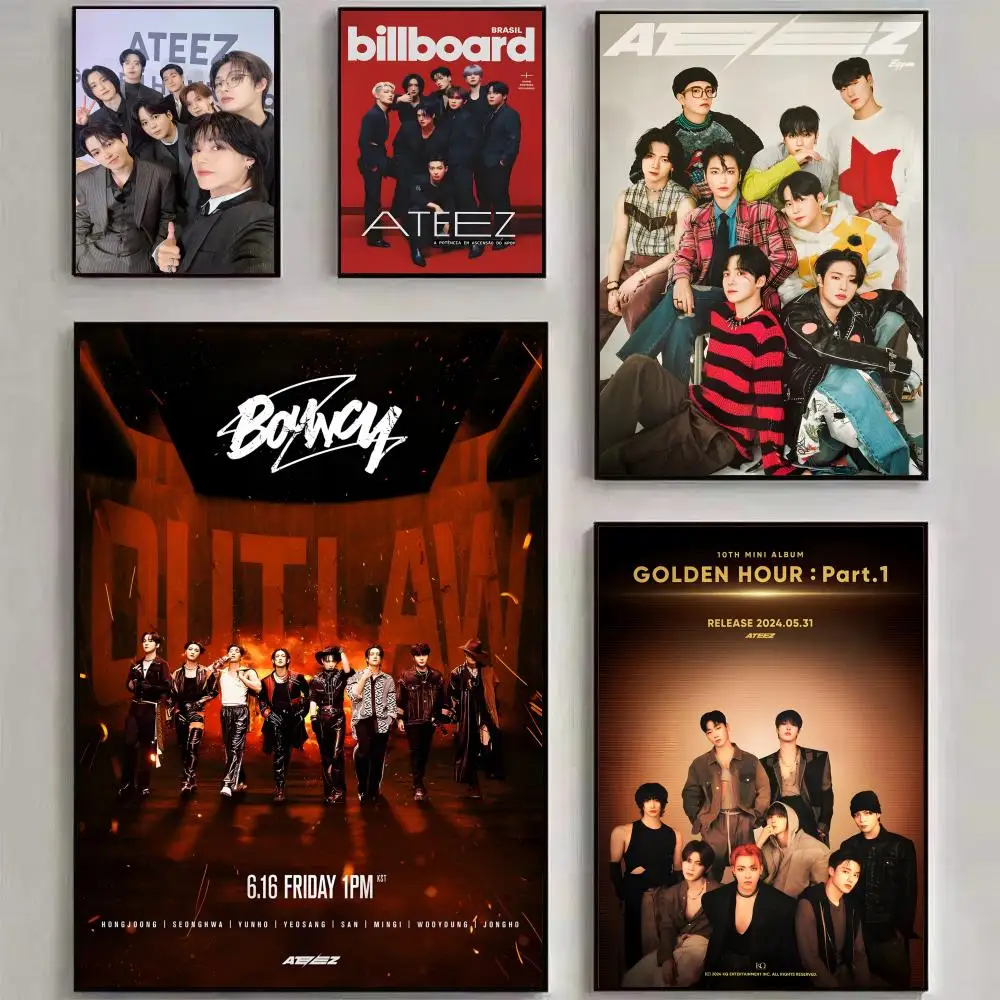 A-ATEEZ KPOP Whitepaper Poster HD art sticky wall waterproof home living room bedroom bar aesthetic decoration