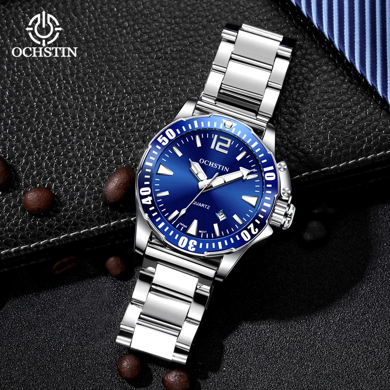 OCHSTIN Pilot Series Men Quartz Watch Tough Alloy Case Man Polished Stainless Steel Strap Casual Daily Calendar Clock Male